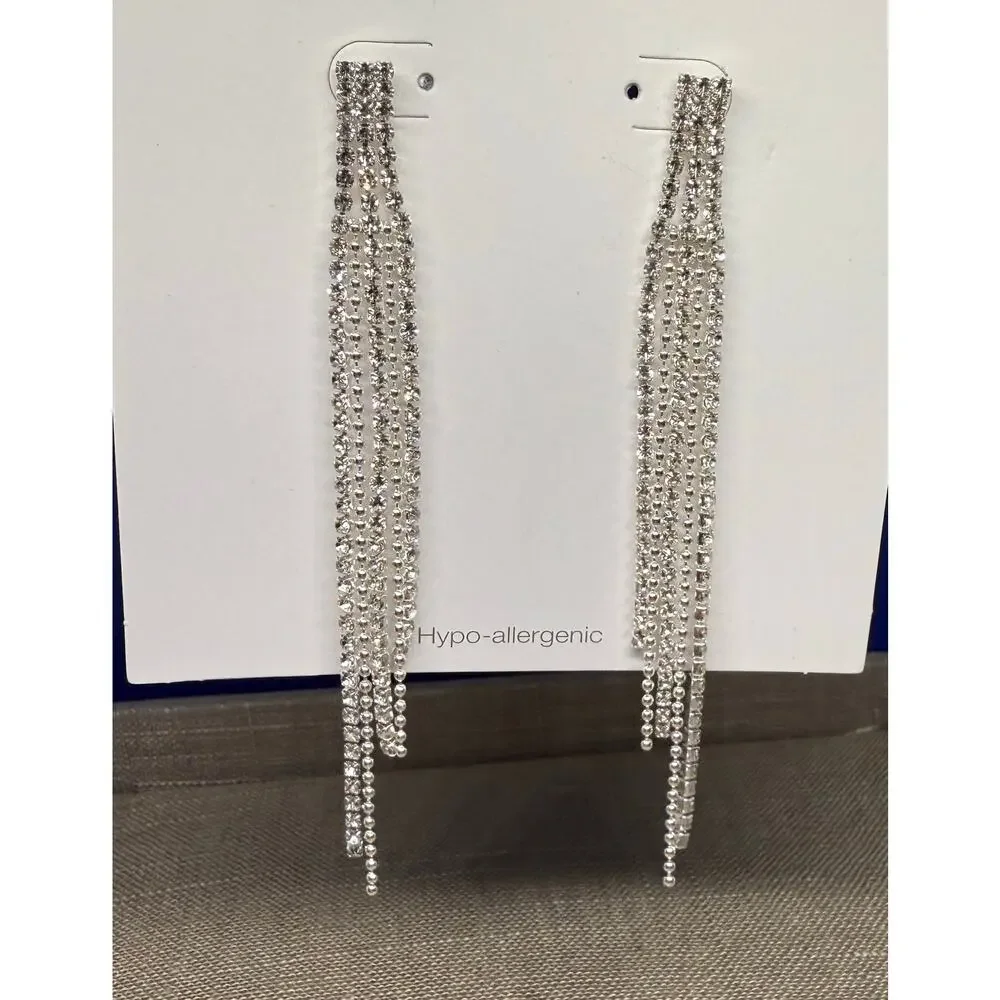 🧚🏻‍♀️ Rhinestone Fringe Earrings Silver 4” Dangle Statement Hypoallergenic NIP